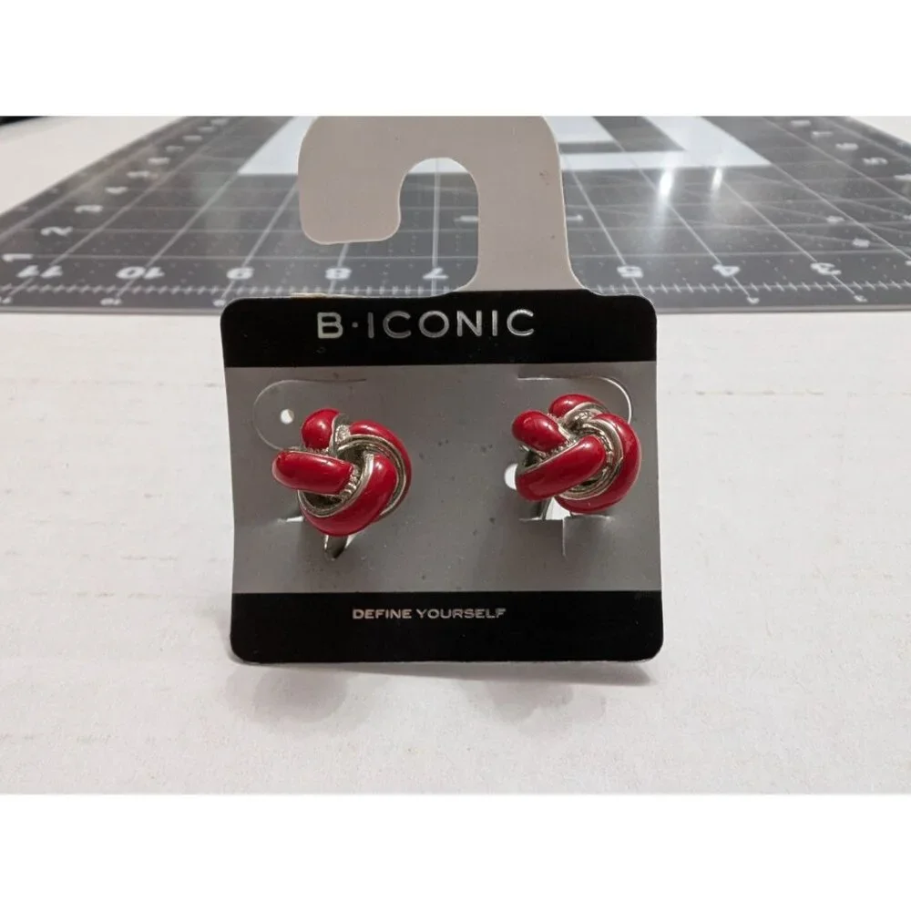 B Iconic cuff links metal red enamel cluster silver tone jacket vtg geometric